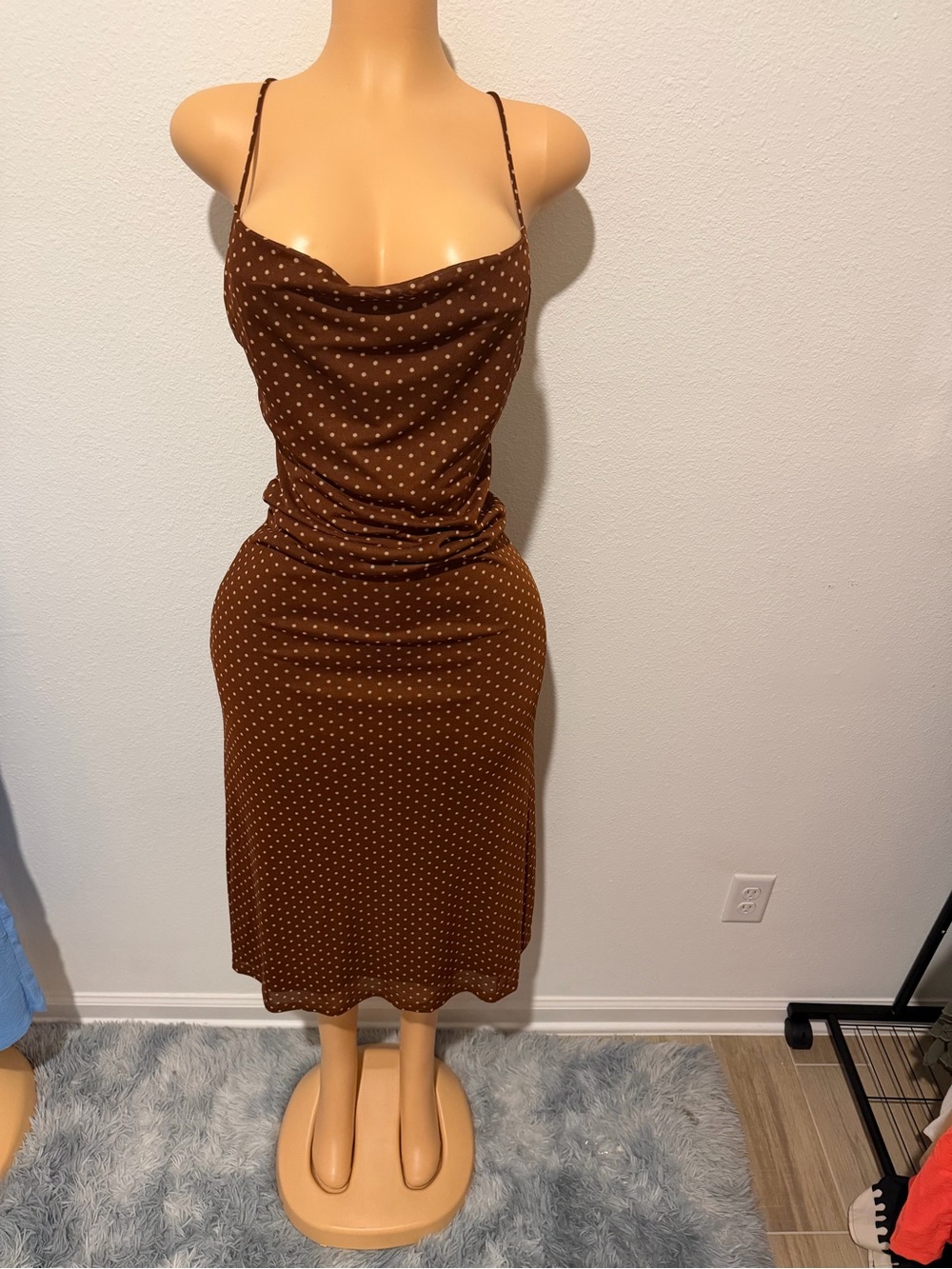 Brown Polka Dot Cowl Neck Midi Dress